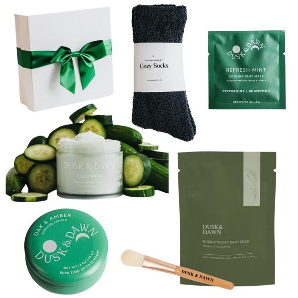 Collection of Dusk & Dawn skincare and wellness products including cream, bath bombs, and socks.